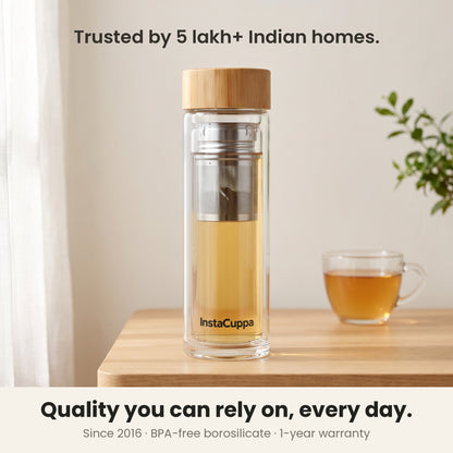 InstaCuppa Glass Tea Infuser Bottle 450 ML - trusted by 5 lakh+ Indian homes since 2016