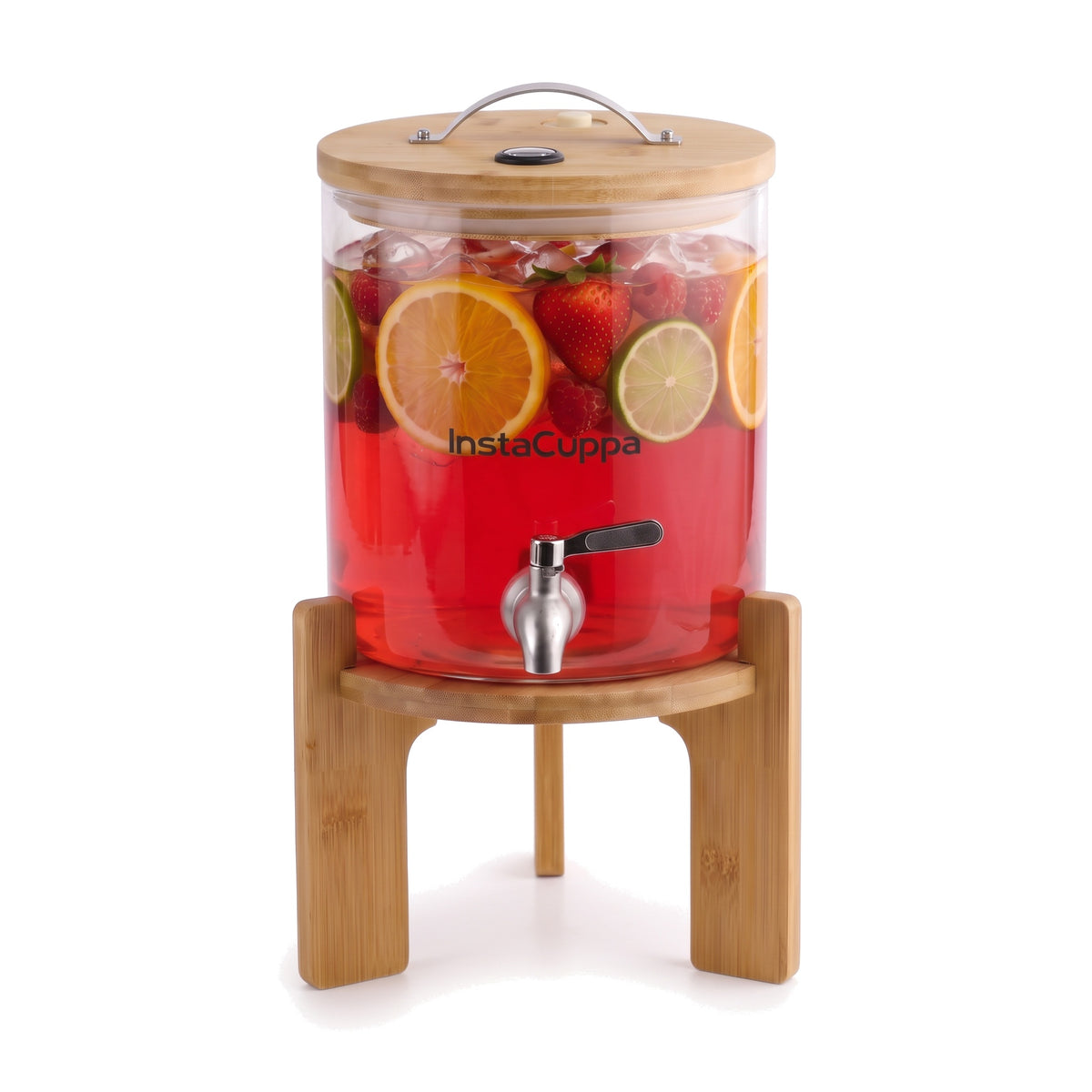 InstaCuppa Glass Water Dispenser 5 Litre — with stand, bamboo lid, steel tap and borosilicate glass jar on white