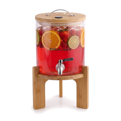 InstaCuppa Glass Water Dispenser 5 Litre — with stand, bamboo lid, steel tap and borosilicate glass jar on white