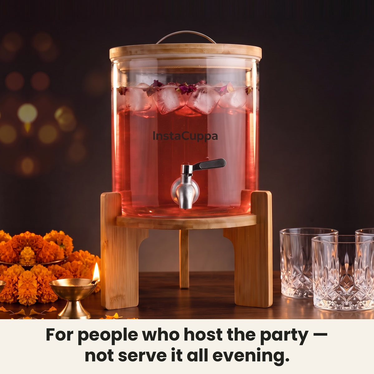 InstaCuppa Glass Water Dispenser 5 Litre — glass beverage dispenser with rose sharbat for hosting a festive party