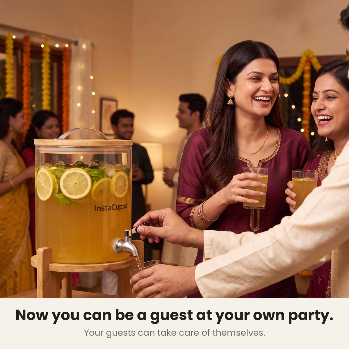 InstaCuppa Glass Water Dispenser 5 Litre — guest pouring nimbu pani from the steel tap at a festive party