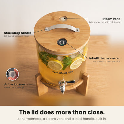 InstaCuppa Glass Water Dispenser 5 Litre — lid with steam vent, steel strap handle, inbuilt thermometer; anti-clog mesh tap