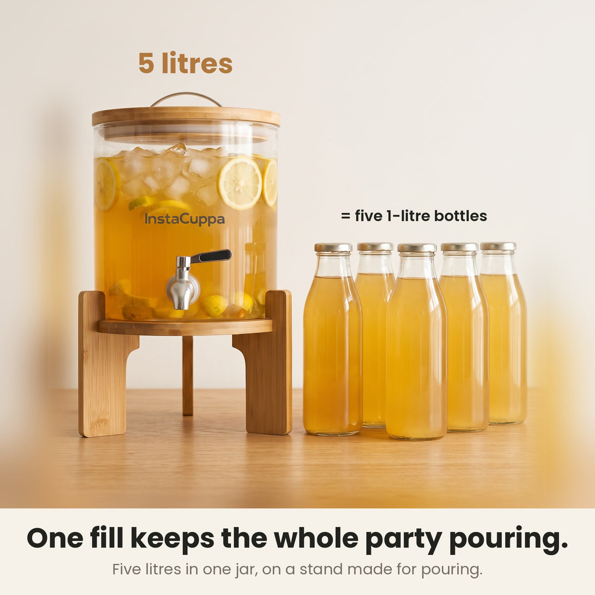 InstaCuppa Glass Water Dispenser 5 Litre — one fill holds 5 litres, the same as five 1-litre bottles