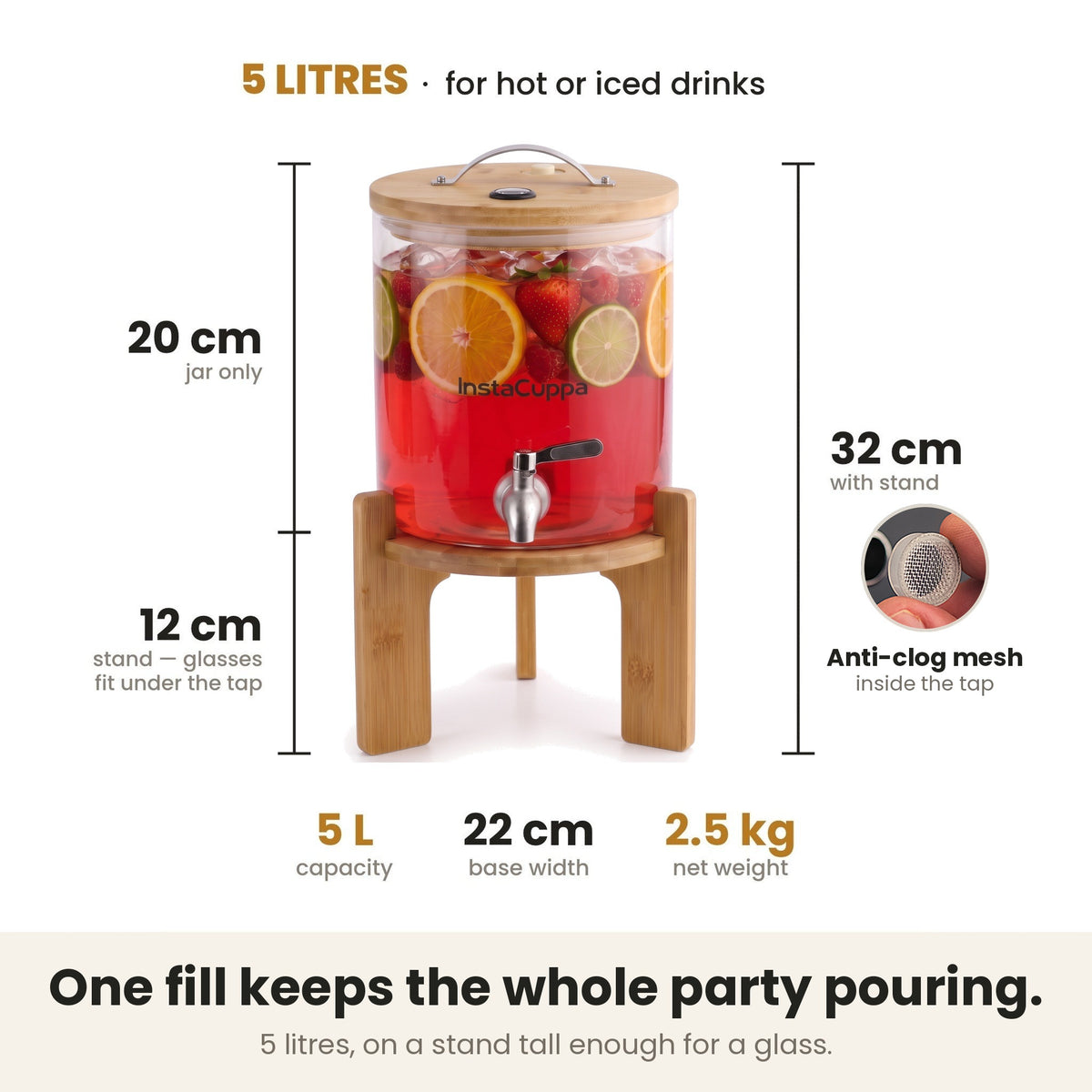 InstaCuppa Glass Water Dispenser 5 Litre — specs: 32 cm tall with stand, 20 cm jar, 22 cm base, 2.5 kg, 12 cm under the tap