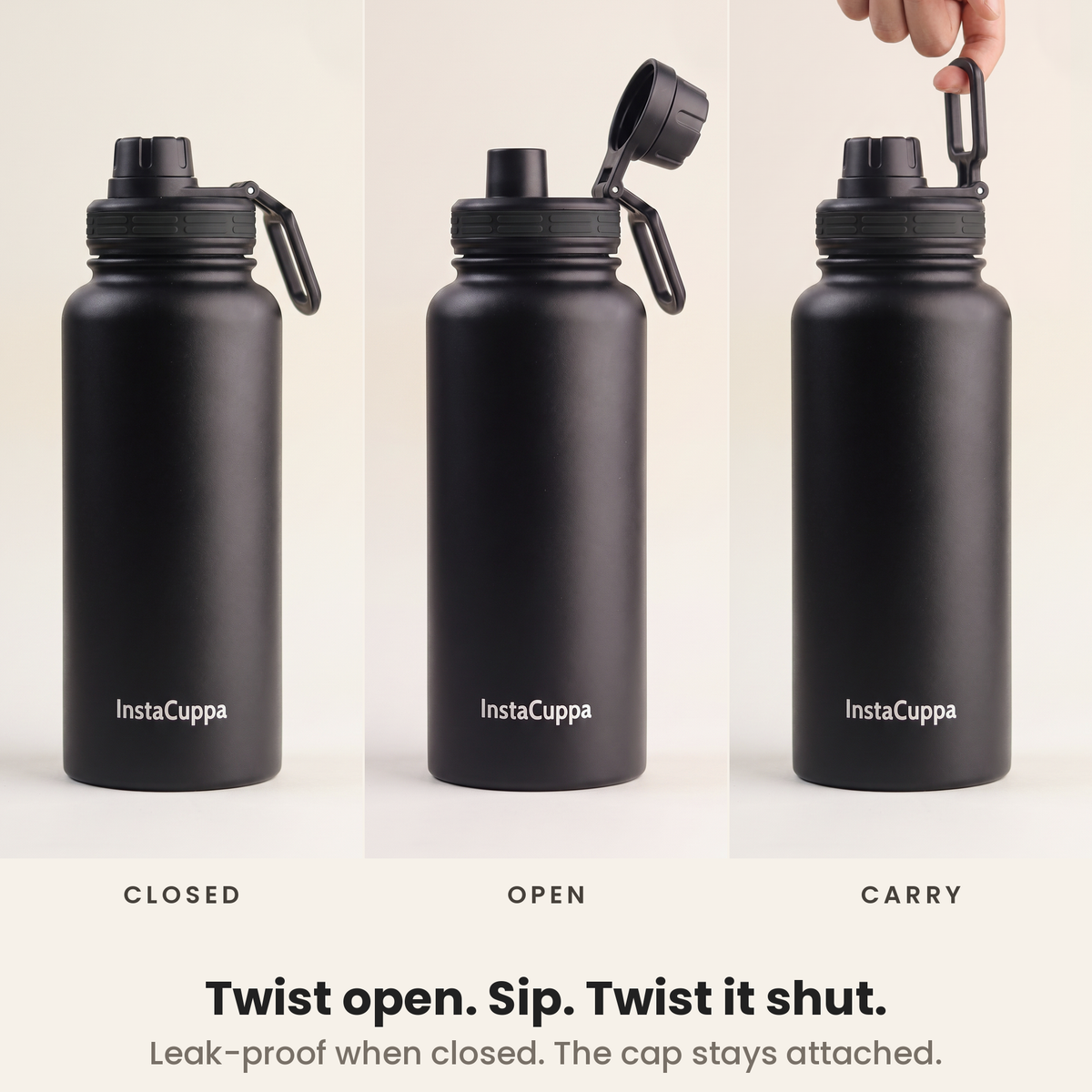 InstaCuppa Insulated Water Bottle 1L (1000 ml) - Black - how the lid works: twist open, sip, twist shut, carry loop; spout cap stays attached, leak-proof when closed