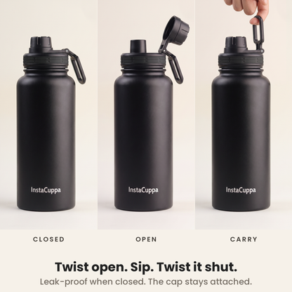 InstaCuppa Insulated Water Bottle 1L (1000 ml) - Black - how the lid works: twist open, sip, twist shut, carry loop; spout cap stays attached, leak-proof when closed