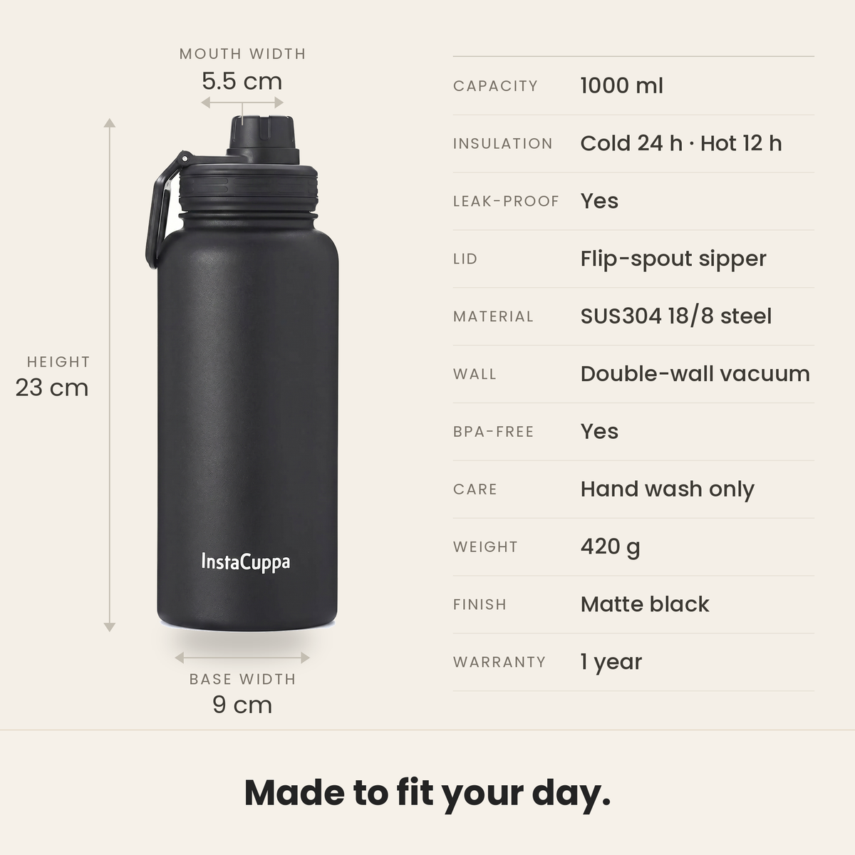 InstaCuppa Insulated Water Bottle 1L (1000 ml) - Black - 18/8 SUS304 steel, double-wall vacuum insulation