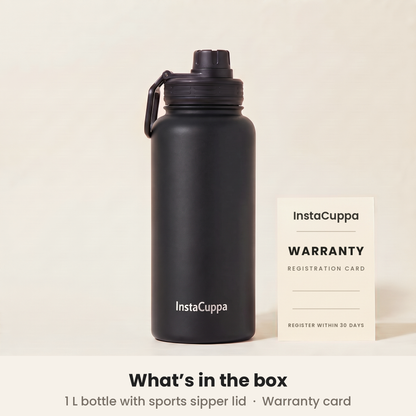 InstaCuppa Insulated Water Bottle 1L (1000 ml) - Black - what's in the box: 1 L bottle with sports sipper lid and a warranty registration card