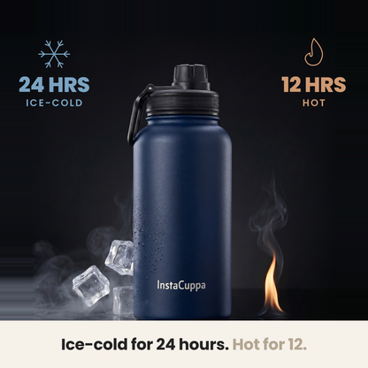 InstaCuppa Insulated Water Bottle 1L (1000 ml) - Navy Blue - cold 24 hours, hot 12 hours, double-wall vacuum