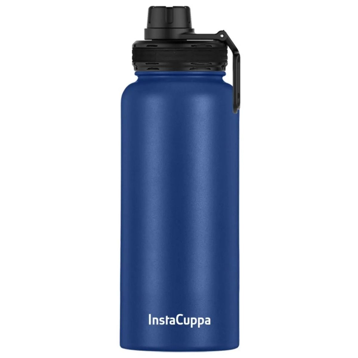 InstaCuppa Insulated Water Bottle 1L (1000 ml) - Navy Blue - double-wall stainless steel bottle with sports sipper lid and carry loop, front view on white