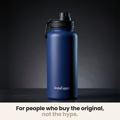 InstaCuppa Insulated Water Bottle 1L (1000 ml) - Navy Blue - bottle spotlit on dark stone, caption: for people who buy the original, not the hype
