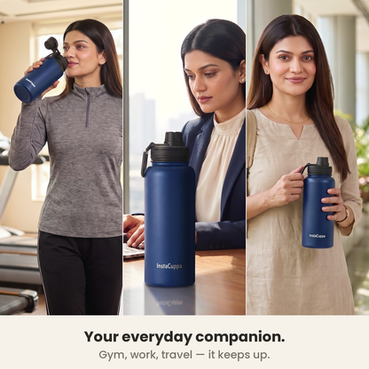 InstaCuppa Insulated Water Bottle 1L (1000 ml) - Navy Blue - everyday companion: drinking from the spout at the gym, bottle on her office desk at work, held by its loop on the way out, caption: gym, work, travel, it keeps up