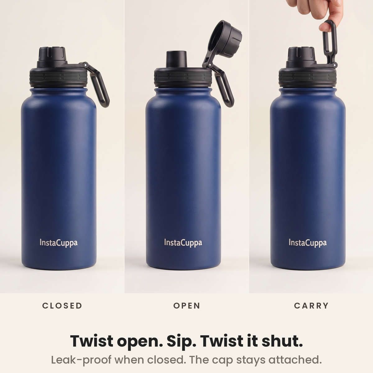 InstaCuppa Insulated Water Bottle 1L (1000 ml) - Navy Blue - how the lid works: twist open, sip, twist shut, carry loop; spout cap stays attached, leak-proof when closed