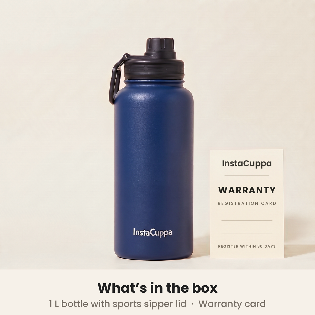 InstaCuppa Insulated Water Bottle 1L (1000 ml) - Navy Blue - what's in the box: 1 L bottle with sports sipper lid and a warranty registration card