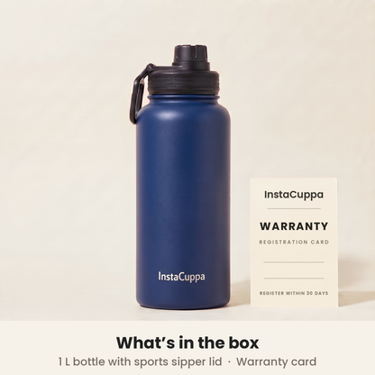 InstaCuppa Insulated Water Bottle 1L (1000 ml) - Navy Blue - what's in the box: 1 L bottle with sports sipper lid and a warranty registration card