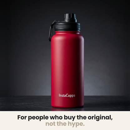 InstaCuppa Insulated Water Bottle 1L (1000 ml) - Red - bottle spotlit on dark stone, caption: for people who buy the original, not the hype