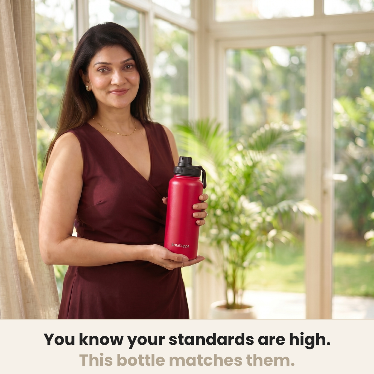 InstaCuppa Insulated Water Bottle 1L (1000 ml) - Red - sipping on the go, one-hand sports sipper lid