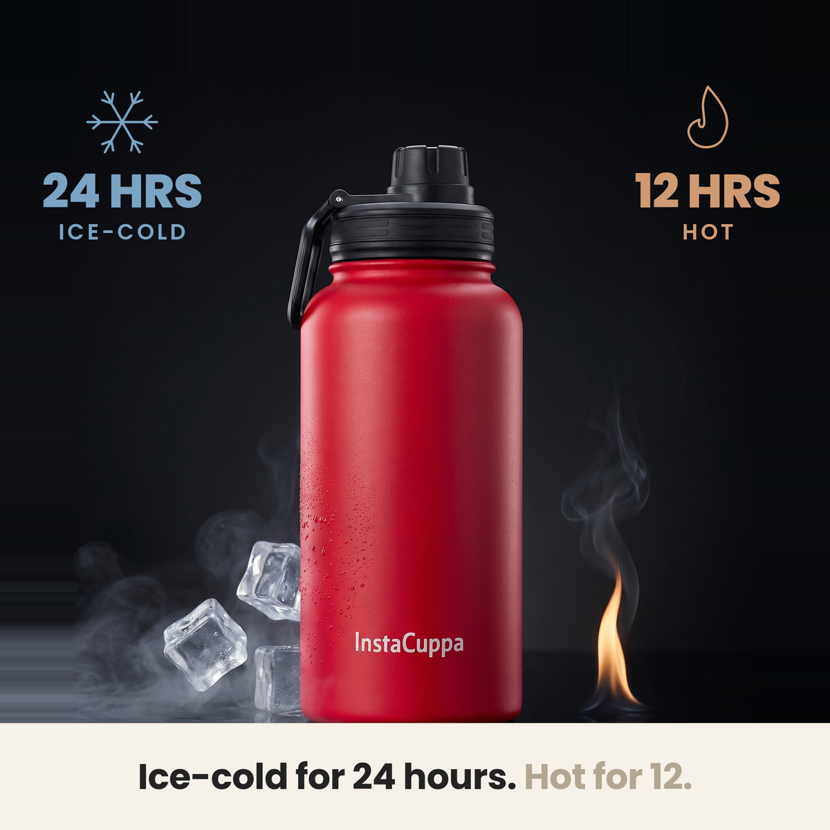 InstaCuppa Insulated Water Bottle 1L (1000 ml) - Red - cold 24 hours, hot 12 hours, double-wall vacuum