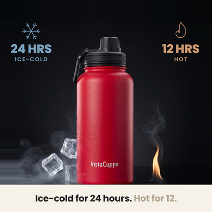 InstaCuppa Insulated Water Bottle 1L (1000 ml) - Red - cold 24 hours, hot 12 hours, double-wall vacuum