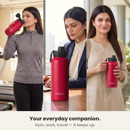 InstaCuppa Insulated Water Bottle 1L (1000 ml) - Red - everyday companion: drinking from the spout at the gym, bottle on her office desk at work, held by its loop on the way out, caption: gym, work, travel, it keeps up