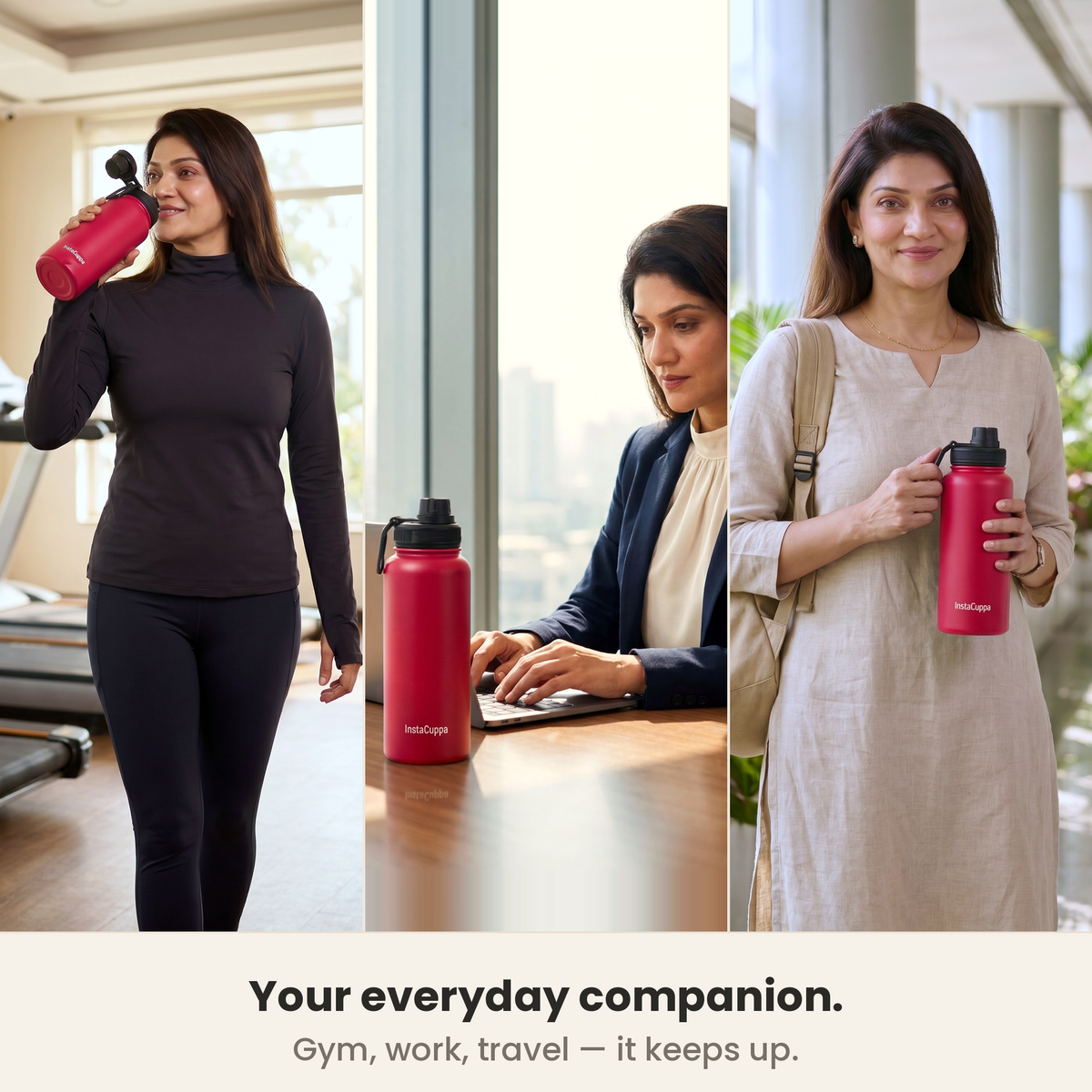 InstaCuppa Insulated Water Bottle 1L (1000 ml) - Red - fits gym, office and travel bags