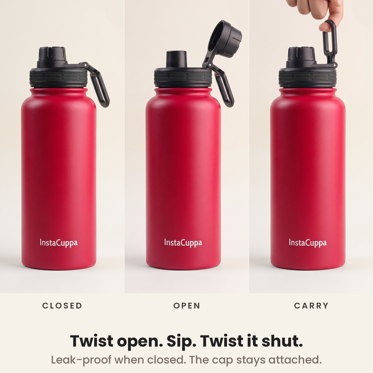 InstaCuppa Insulated Water Bottle 1L (1000 ml) - Red - how the lid works: twist open, sip, twist shut, carry loop; spout cap stays attached, leak-proof when closed
