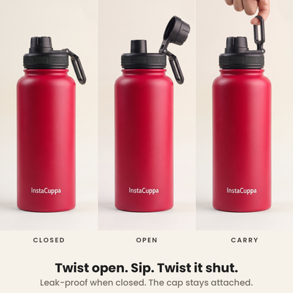InstaCuppa Insulated Water Bottle 1L (1000 ml) - Red - how the lid works: twist open, sip, twist shut, carry loop; spout cap stays attached, leak-proof when closed