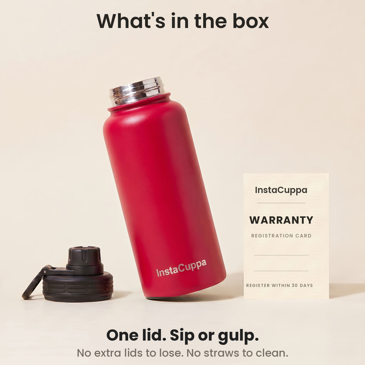 InstaCuppa Insulated Water Bottle 1L (1000 ml) - Red - steel bottle with leak-proof sports sipper lid
