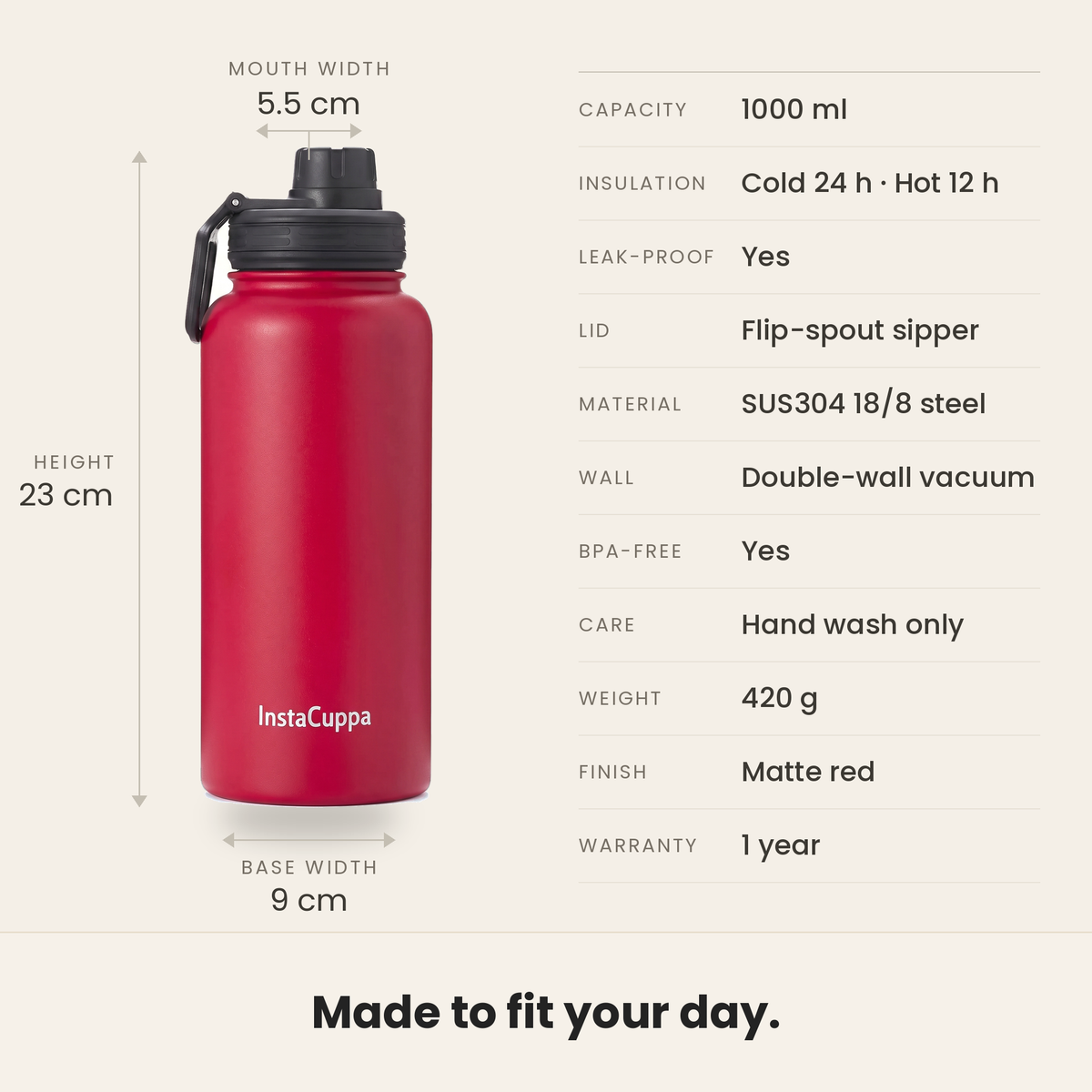 InstaCuppa Insulated Water Bottle 1L (1000 ml) - Red - 18/8 SUS304 steel, double-wall vacuum insulation
