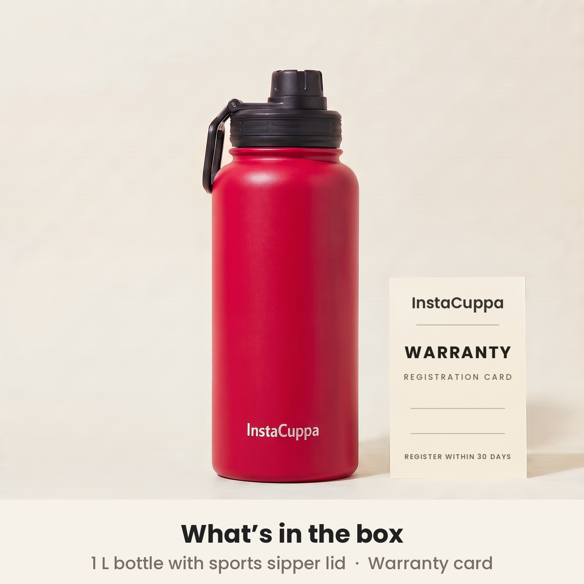 InstaCuppa Insulated Water Bottle 1L (1000 ml) - Red - what's in the box: 1 L bottle with sports sipper lid and a warranty registration card