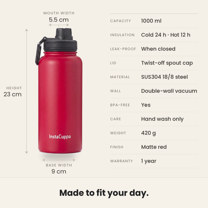 InstaCuppa Insulated Water Bottle 1L (1000 ml) - Red - specifications: 1000 ml, 23 cm tall, 9 cm base, 5.5 cm mouth, 420 g, SUS304 18/8 steel, double-wall vacuum