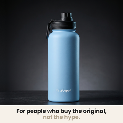 InstaCuppa Insulated Water Bottle 1L (1000 ml) - Sky Blue - bottle spotlit on dark stone, caption: for people who buy the original, not the hype