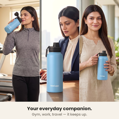 InstaCuppa Insulated Water Bottle 1L (1000 ml) - Sky Blue - everyday companion: drinking from the spout at the gym, bottle on her office desk at work, held by its loop on the way out, caption: gym, work, travel, it keeps up