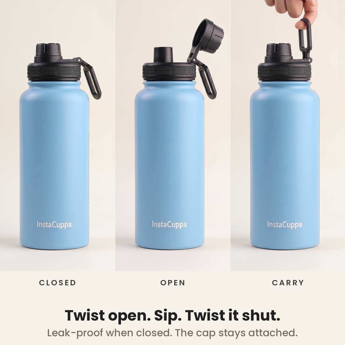 InstaCuppa Insulated Water Bottle 1L (1000 ml) - Sky Blue - how the lid works: twist open, sip, twist shut, carry loop; spout cap stays attached, leak-proof when closed