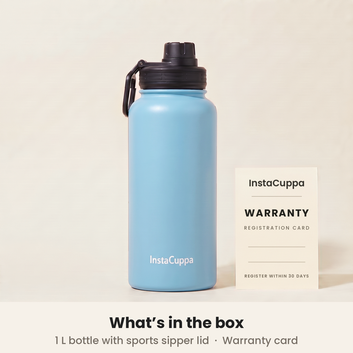 InstaCuppa Insulated Water Bottle 1L (1000 ml) - Sky Blue - what's in the box: 1 L bottle with sports sipper lid and a warranty registration card