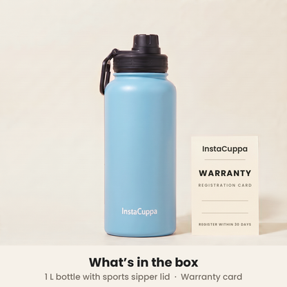 InstaCuppa Insulated Water Bottle 1L (1000 ml) - Sky Blue - what's in the box: 1 L bottle with sports sipper lid and a warranty registration card