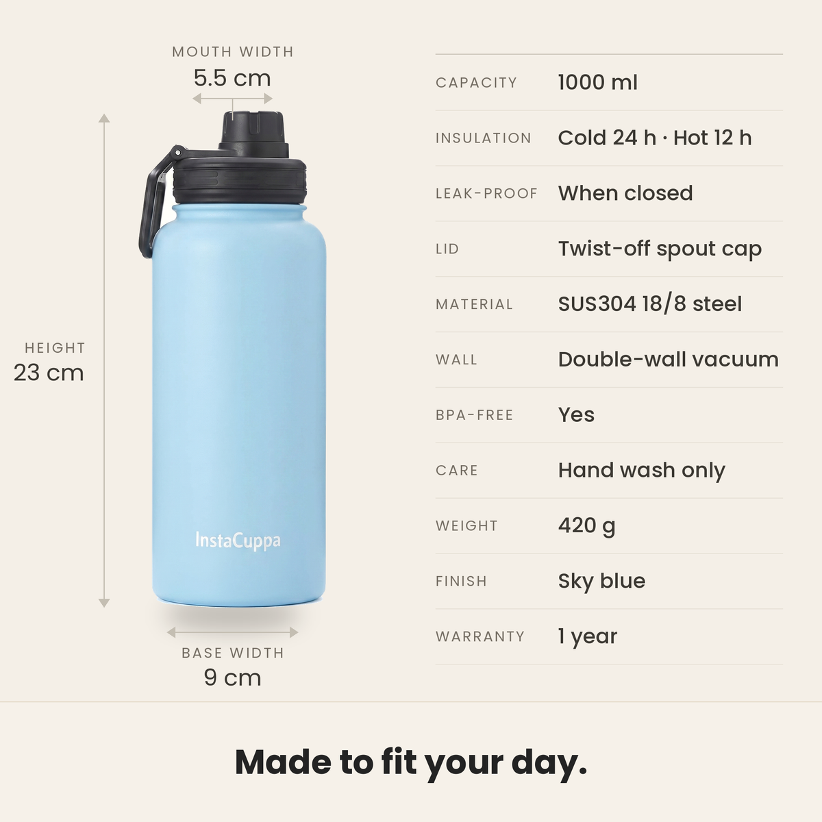 InstaCuppa Insulated Water Bottle 1L (1000 ml) - Sky Blue - specifications: 1000 ml, 23 cm tall, 9 cm base, 5.5 cm mouth, 420 g, SUS304 18/8 steel, double-wall vacuum