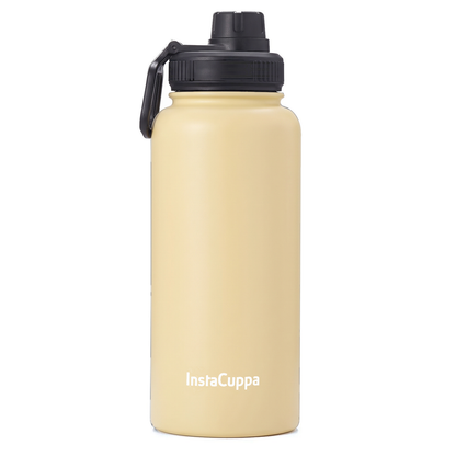InstaCuppa Insulated Water Bottle 1L (1000 ml) - Yellow - double-wall stainless steel bottle with sports sipper lid and carry loop, front view on white