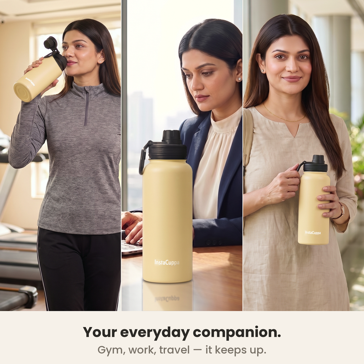 InstaCuppa Insulated Water Bottle 1L (1000 ml) - Yellow - everyday companion: drinking from the spout at the gym, bottle on her office desk at work, held by its loop on the way out, caption: gym, work, travel, it keeps up