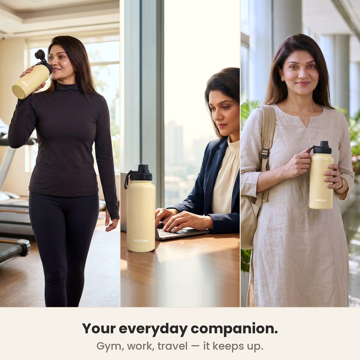 InstaCuppa Insulated Water Bottle 1L (1000 ml) - Yellow - fits gym, office and travel bags