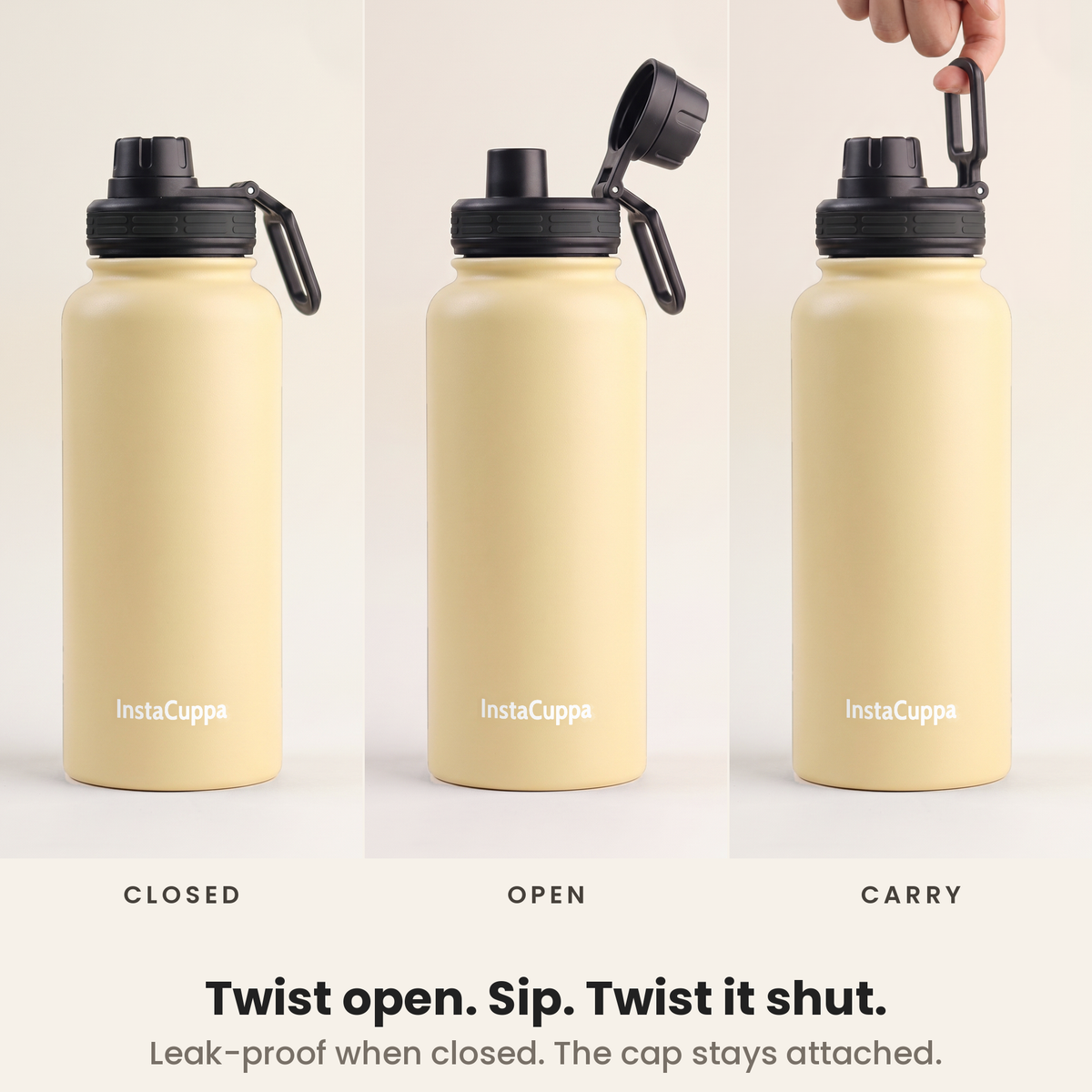 InstaCuppa Insulated Water Bottle 1L (1000 ml) - Yellow - how the lid works: twist open, sip, twist shut, carry loop; spout cap stays attached, leak-proof when closed
