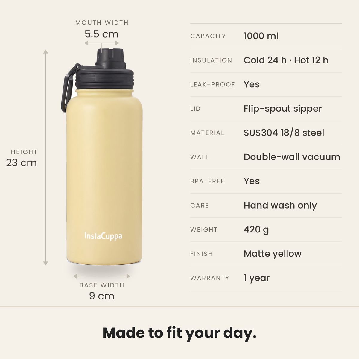 InstaCuppa Insulated Water Bottle 1L (1000 ml) - Yellow - 18/8 SUS304 steel, double-wall vacuum insulation