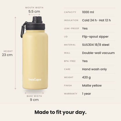 InstaCuppa Insulated Water Bottle 1L (1000 ml) - Yellow - 18/8 SUS304 steel, double-wall vacuum insulation