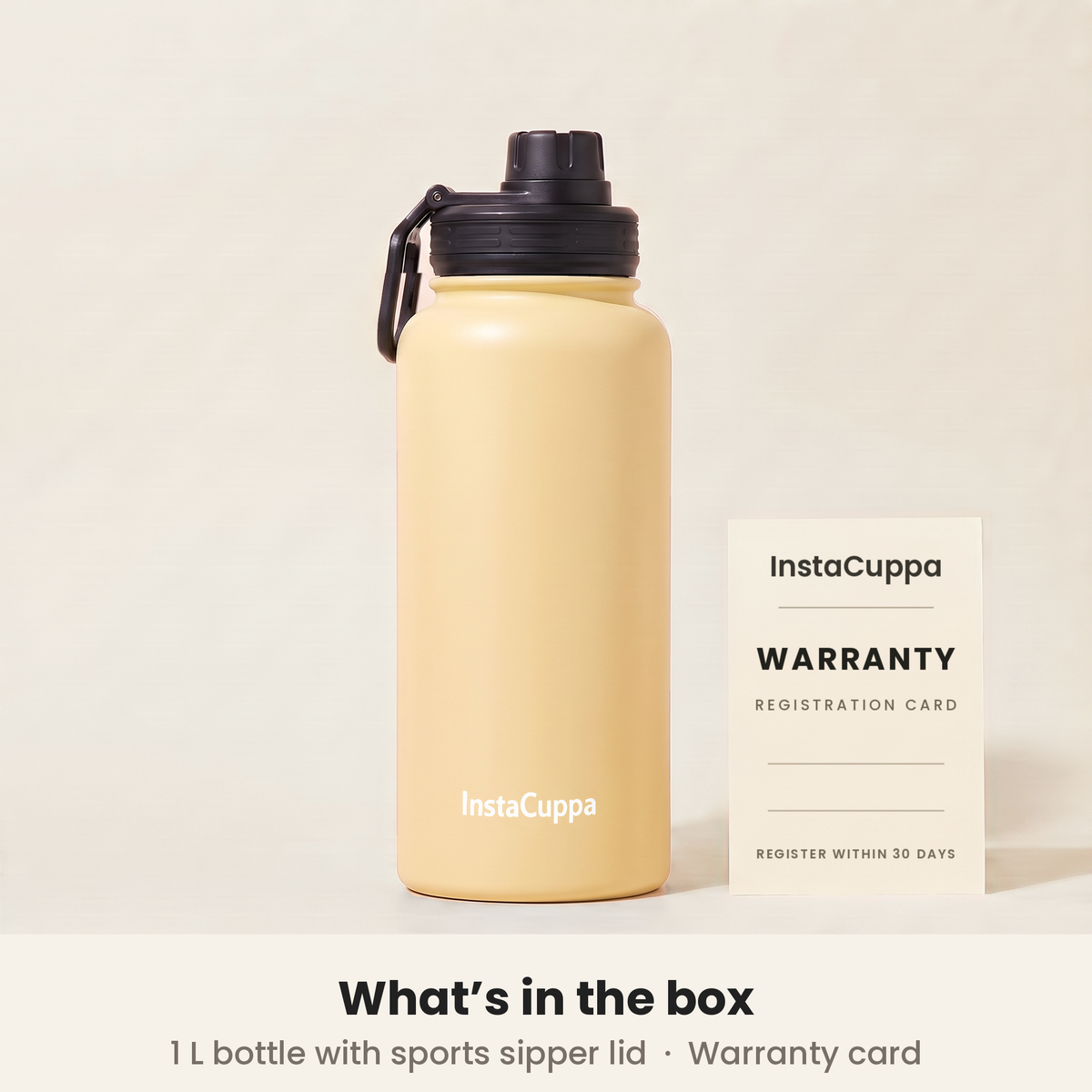 InstaCuppa Insulated Water Bottle 1L (1000 ml) - Yellow - what's in the box: 1 L bottle with sports sipper lid and a warranty registration card