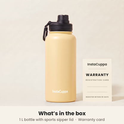 InstaCuppa Insulated Water Bottle 1L (1000 ml) - Yellow - what's in the box: 1 L bottle with sports sipper lid and a warranty registration card