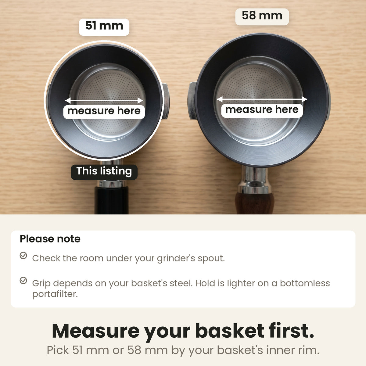 Magnetic dosing funnel - 51 mm - size guide: measure your basket's inner rim, 51 mm marked as this listing next to 58 mm; check the room under your grinder's spout