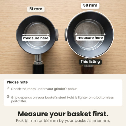 Magnetic dosing funnel - 58 mm - size guide: measure your basket's inner rim, 58 mm marked as this listing next to 51 mm; check the room under your grinder's spout