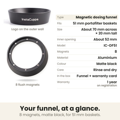 Magnetic dosing funnel - 51 mm - specifications for 51 mm baskets: about 70 mm across and 20 mm tall, inner opening about 52 mm, 8 magnets, aluminium, matte black