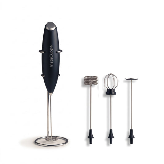 InstaCuppa Milk Frother with Stand - Black - hero shot of the handheld frother with its stand and 4 whisk attachments · 4 whisks
