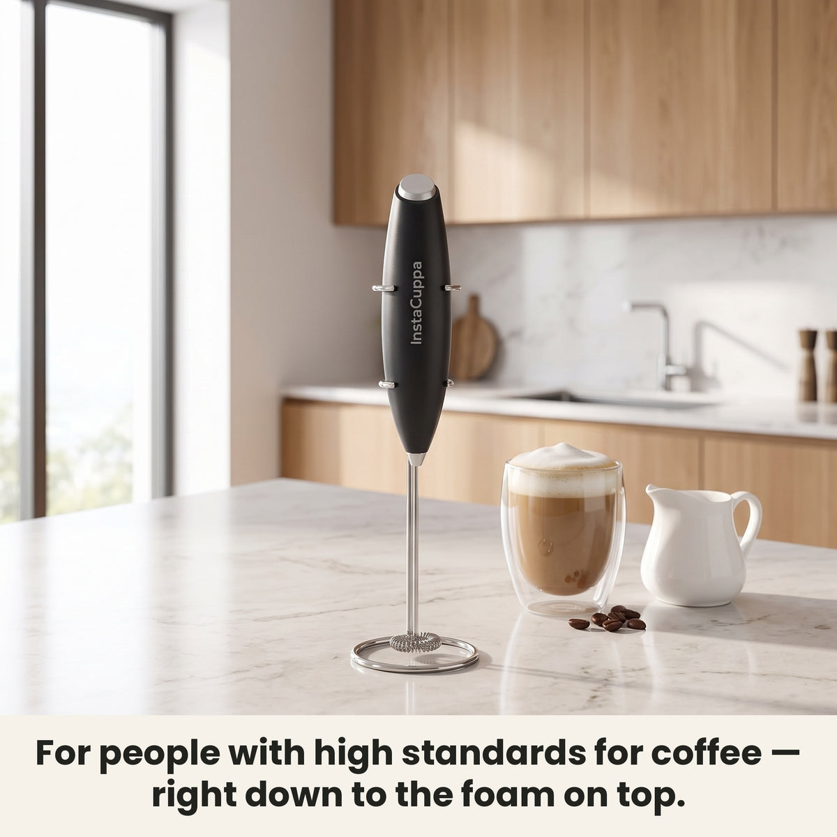 InstaCuppa Milk Frother with Stand - Black - frother hanging on its stand in the kitchen, ready for coffee · 4 whisks